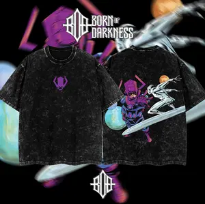 BornOfDarkness-MCU Galactus and Silver Double Printed Vintage Washed Graphic Tee Unisex Oversize Heavyweight Cotton T-shirt for Fans Summer Dailywear Graphic tee, Cool for boy Back to School,comic tshirt, graphic tees vacation outfits men gifts dailywear