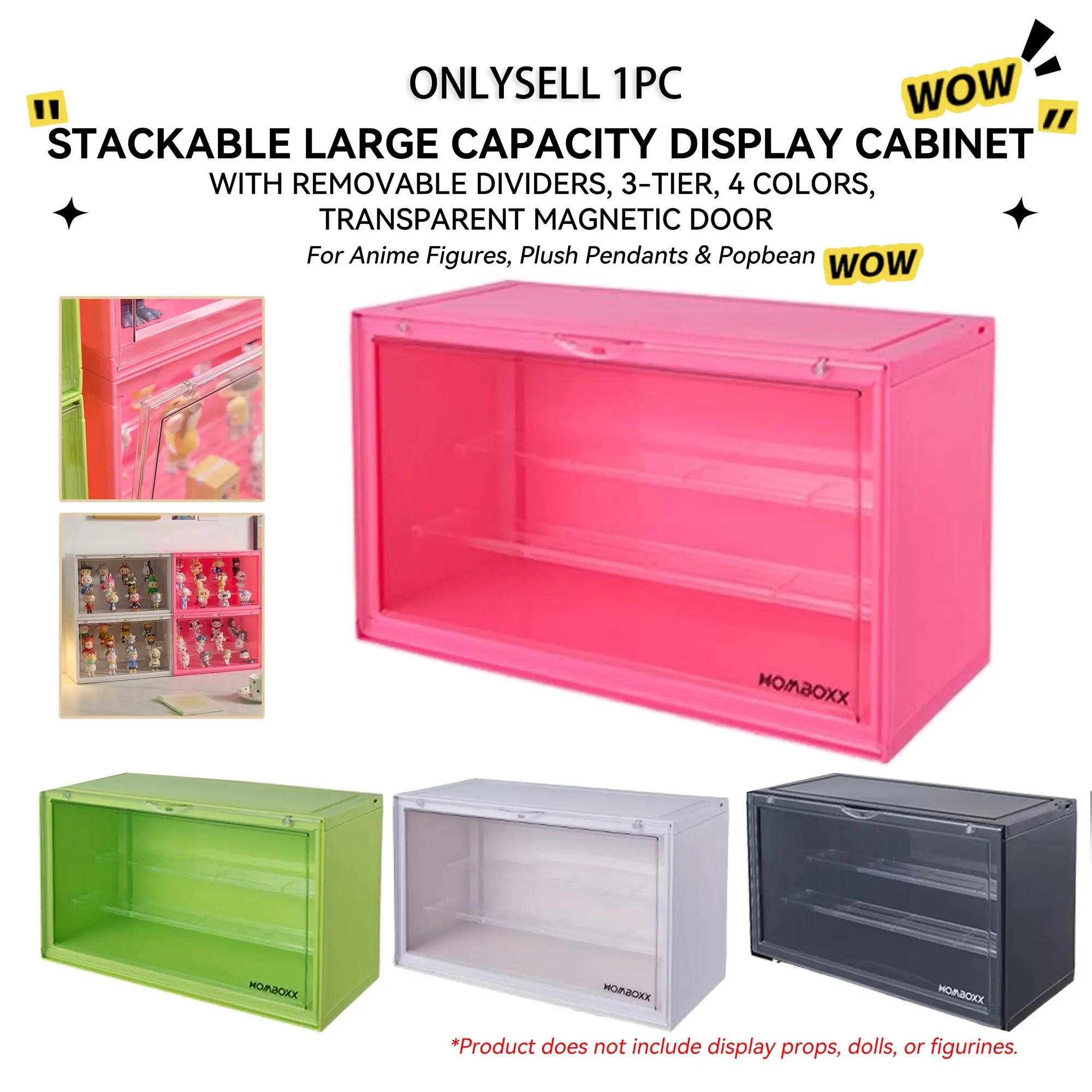Large Capacity Stackable Acrylic Display Cabinet with 2 Removable Transparent Shelves, Multi-Layer Clear Storage Case for Anime Figures, Figurines, Collectible Models & Home Decor