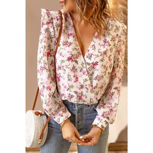 Ruffled Shoulder Front Wrap Floral Blouse
