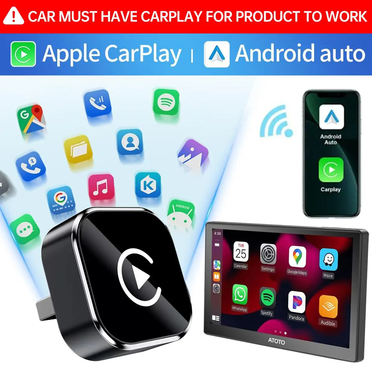 2 in 1 Wireless Apple CarPlay Adapter, for both Apple and Android,converts wired to wireless, suitable for factory wired CarPlay cars from 2017+ Black