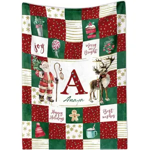 callie Personalized Christmas Blanket for Kids Adults, Custom Initial Name Soft Cozy Flannel/Sherpa Santa Throw Blanket, Xmas Holiday Birthday Gifts for Family