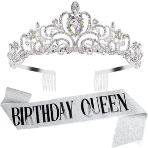 Women’s 2-Piece Alloy Crystal Rhinestone Accents Tiara & Sash Set - Lightweight Female Comb Shape Floral Accents Queen Crown, Princess Headband - Perfect for Quinceanera, Weddings