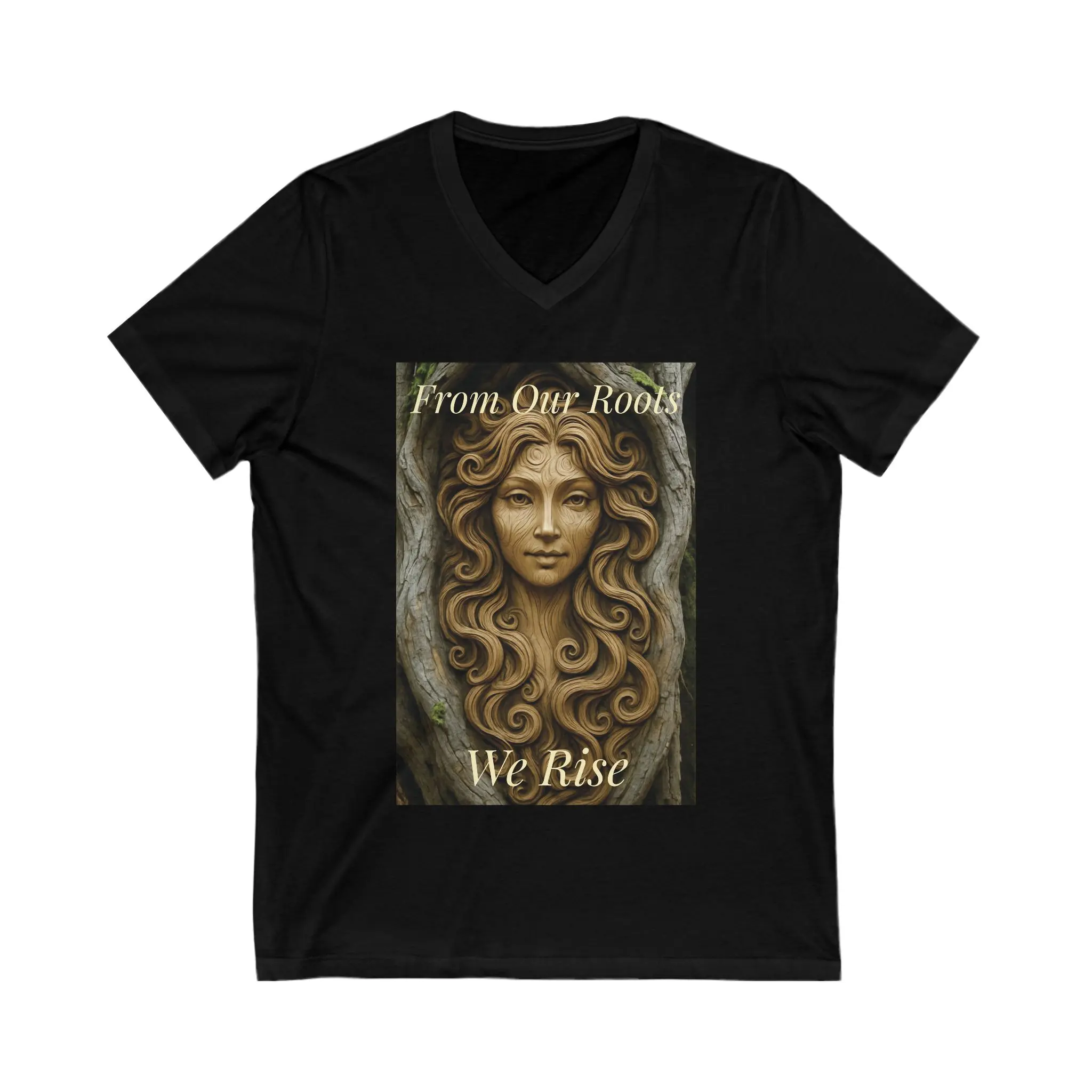 Women In Tree "From Our Roots, We Rise" Earth-based Feminist V-Neck Shirt,  Celtic Pagan Tree of Life Imagery