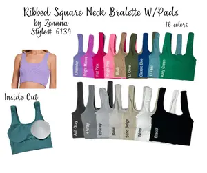 Ribbed Square Neck Bralette w/ pads Brami Crop Top by Zenana 6134, Soft Stretchy Comfortable Knit Fabric Womenswear