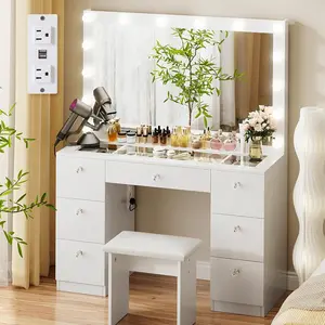 VOWNER Vanity with Lights - 44" White Stylish Adjustable Glass-Topped Multi-Function Indoor Makeup Vanity Desk, 7 Drawers, Power Outlet, 3 Brightness Color Lighting Modes, Stool for Women, Stylish Makeup Vanities