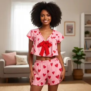 Women Bow Heart Pajamas Set V Neck Ruffle Crop Top and Boxer Shorts Lounge Pjs Cute Valentine's Day Sleepwear