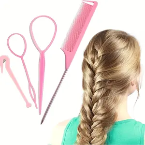 4-Piece Topsy Tail Hair Styling Kit, Includes Curling Tools, Braiding Tools, Rat Tail Comb, Ponytail Holder, Hairband Remover, Cutter, Heatless Curling Set, Heatless Curler, Hair Curlers, Hair Curler Rollers