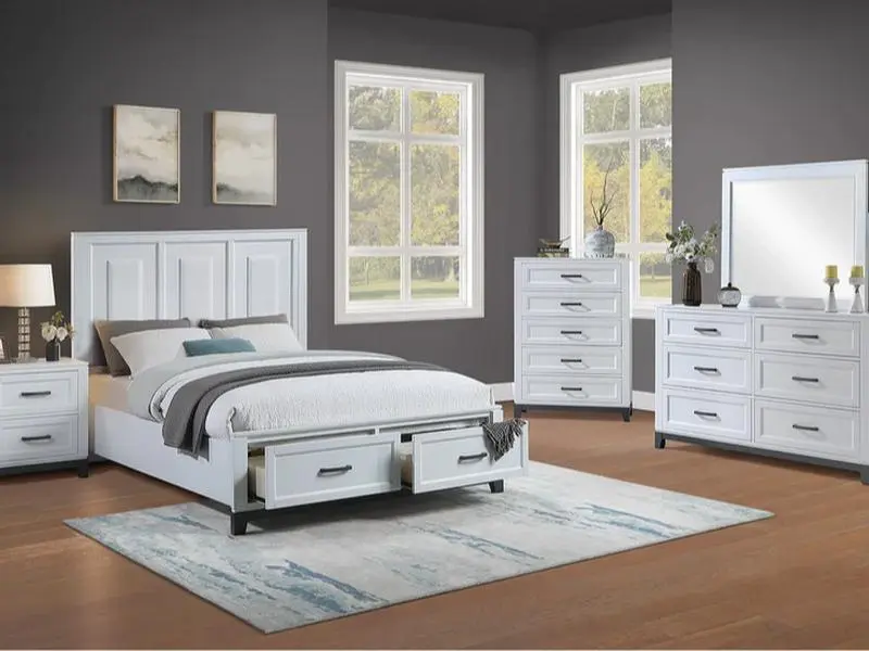Poundex F9684Q-4PC 4-Piece Antique White & Grey Wood Queen Bed Set with Footboard Drawers, 4-piece bedroom sets for Indoor Bedroom Decor