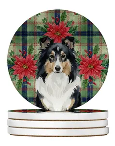 Carolines Treasures WDK8810RCS4 4 x 4 in. Tricolor Sheltie Christmas Poinsettias Large Sandstone Coasters, Pack of 4