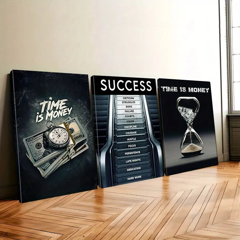 16x24inch(40x60cm)x3pcs Minimalist Framed Wall Art Kit - Glossy Waterproof Print Panels with Inspirational Quotes ("Time is Money","The Road to Success"), Box-Included Lighted Accent, Custom-Printed Anime Decor for Wardrobe, 4th of July, Father's Day