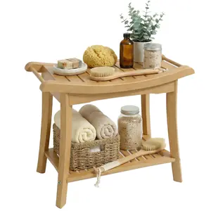 Shower Bench Wood Water Proof Ergonomic Shower Stool with Storage Shelf for Bathroom Spa Natural Finish & Organizing