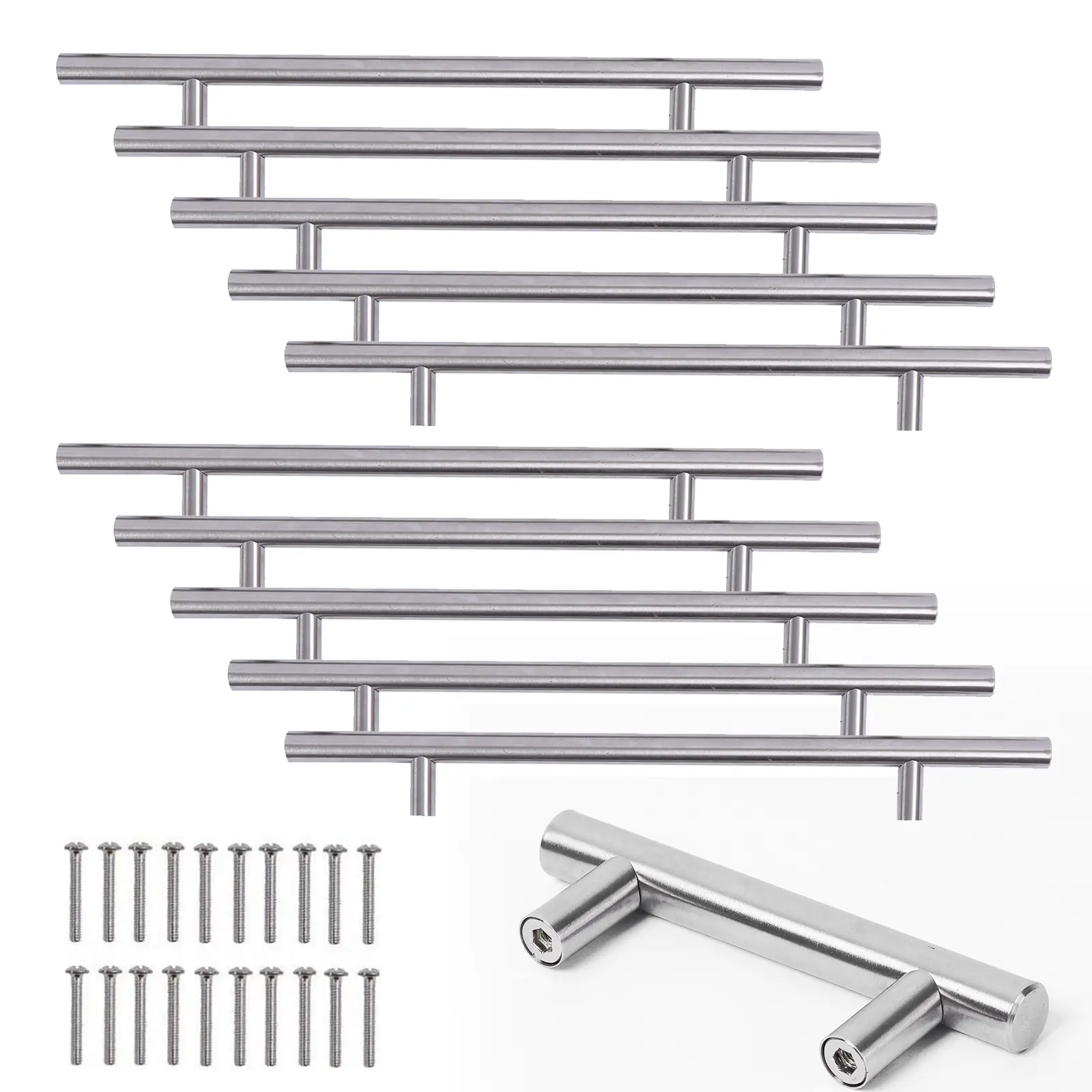10X Stainless Steel T bar Modern Kitchen Cabinet Door Handles Drawer Pulls Knobs Screws