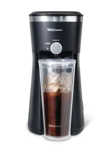 Betty Crocker Coffee Maker for Iced & Hot Brew, Brews in 4 Minutes, Compact Iced Coffee Machine with Chrome Accents, Reusable Filter, BPA-Free 20-Oz Tumbler & Straw, BC-4869B, Black