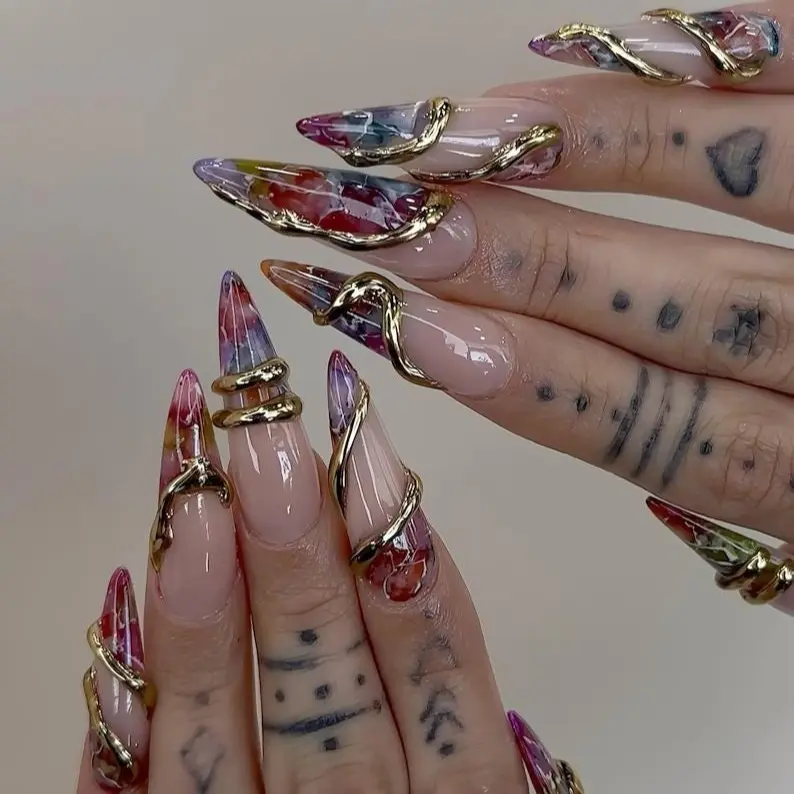 Gold Wire Wrapped Press On Nails, Luxury Marble Nail Art, Sculptural Nail Design Nails