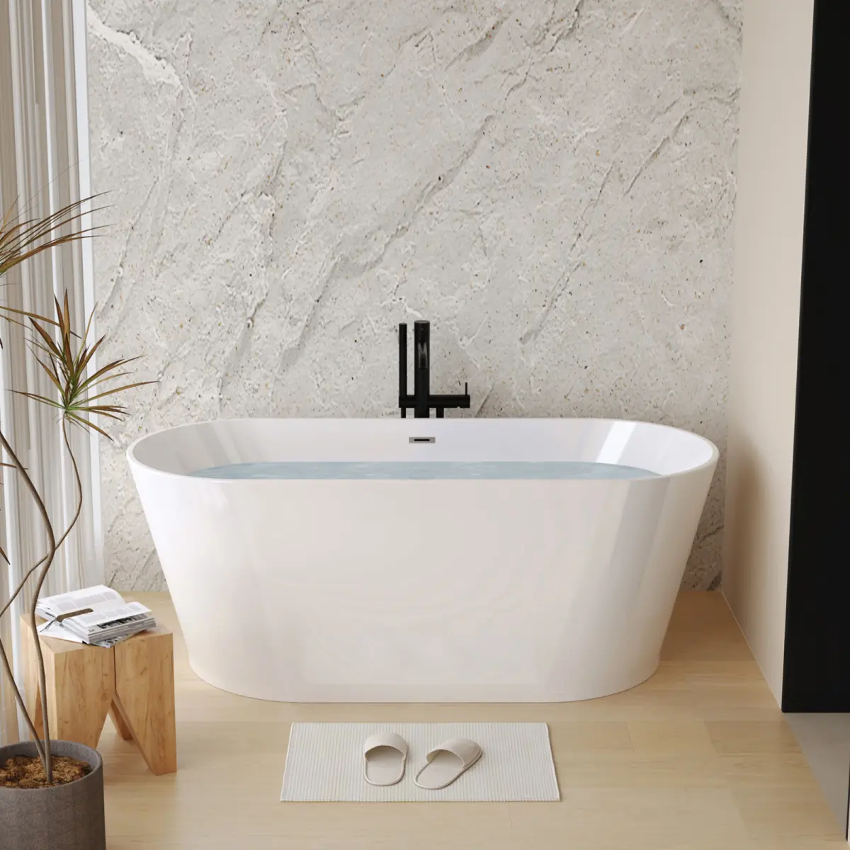 59 Inch Acrylic Freestanding Bathtub CUPC Certified Double-Wall Insulation Ergonomic Soaking Tub with Adjustable Feet Antibacterial Easy Clean Modern Luxury Bathroom Tub