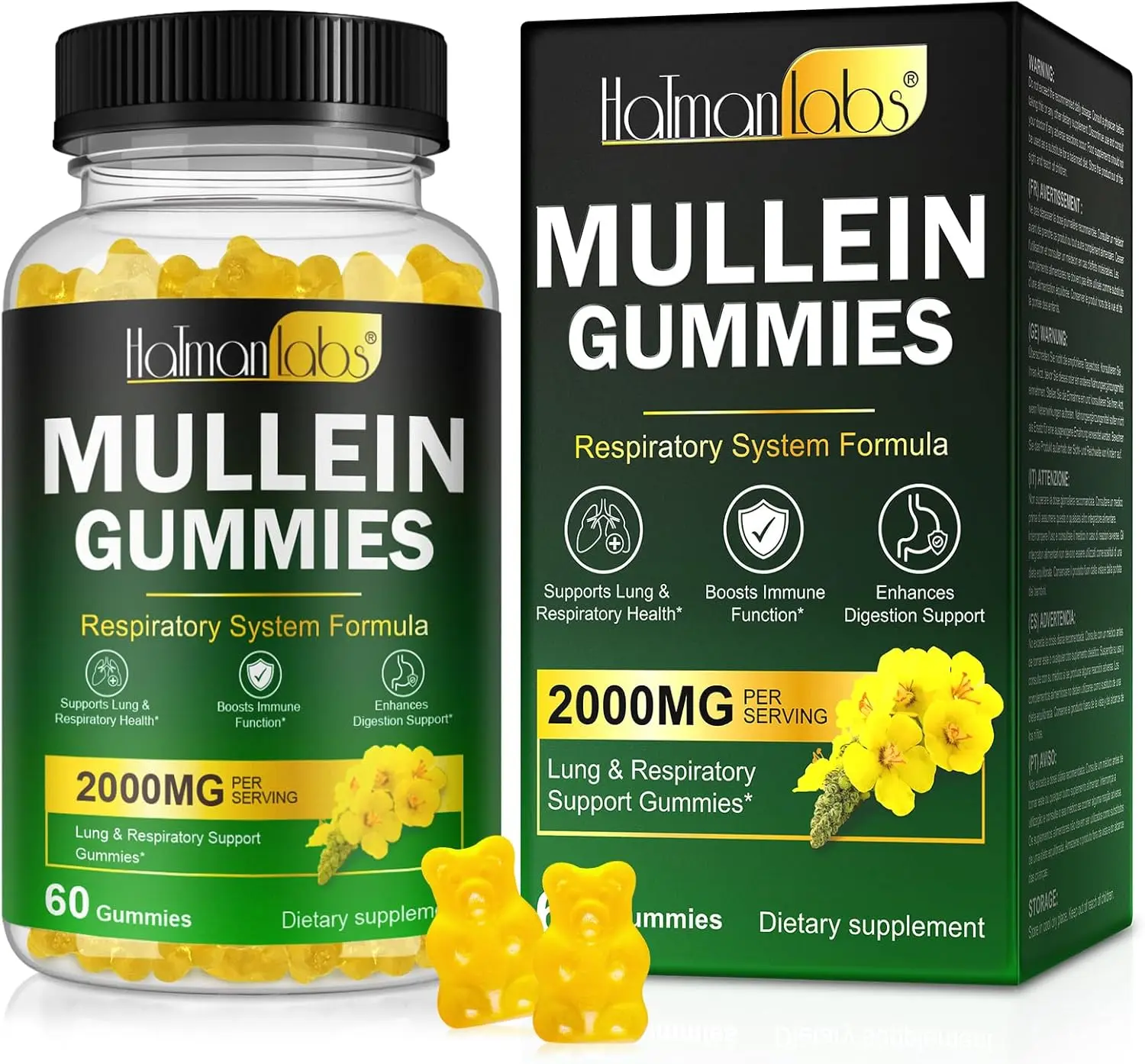 Hatmanlabs Mullein Gummies – Healthy Fitness & Lung Support Dietary Supplement, 60 pcs, for Smokers, Throat Comfort, Breath Freshness & Daily Immune Support