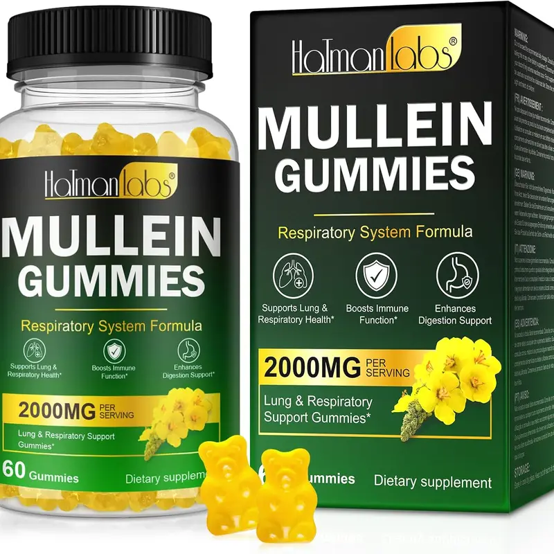 Hatmanlabs Edible Mullein Leaf Gummies - 2000mg Lung Support Dietary Supplements, 60 Sugar-Free Prop 65 Safe Healthy Gummies for Smokers, Throat Comfort, Breath-Easy Help, Immune Support