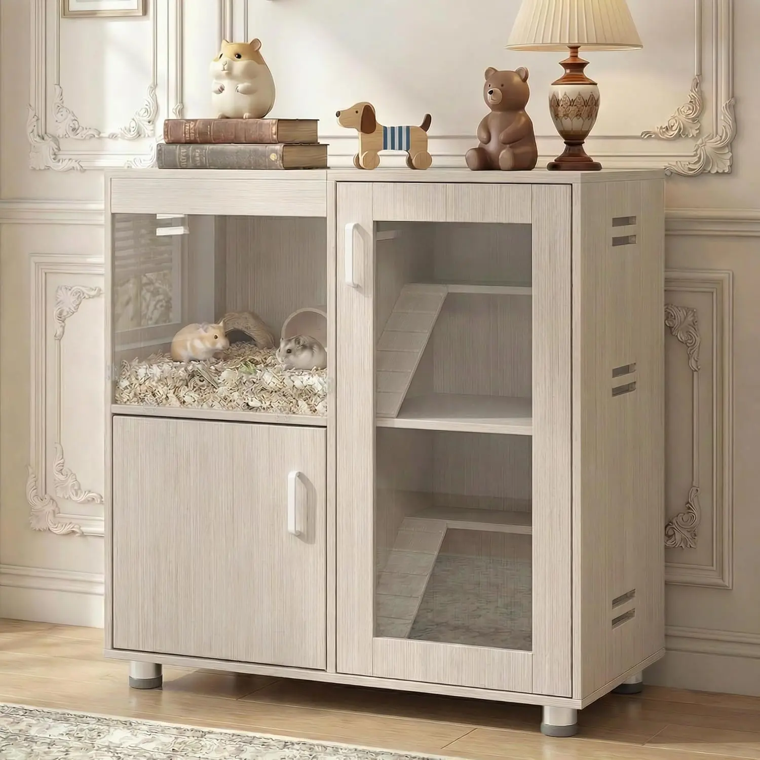 Hamster Cage with Storage Cabinet, 4-Tier Large Guinea Pig Cage, Small Animal Habitat with Acrylic Panels Window and Openable Top, Suitable for Chinchillas, (Wood, Large)