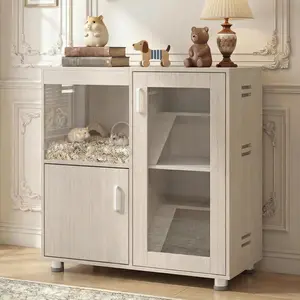 Hamster Cage with Storage Cabinet, 4-Tier Large Guinea Pig Cage, Small Animal Habitat with Acrylic Panels Window and Openable Top, Suitable for Chinchillas, (Wood, Large)
