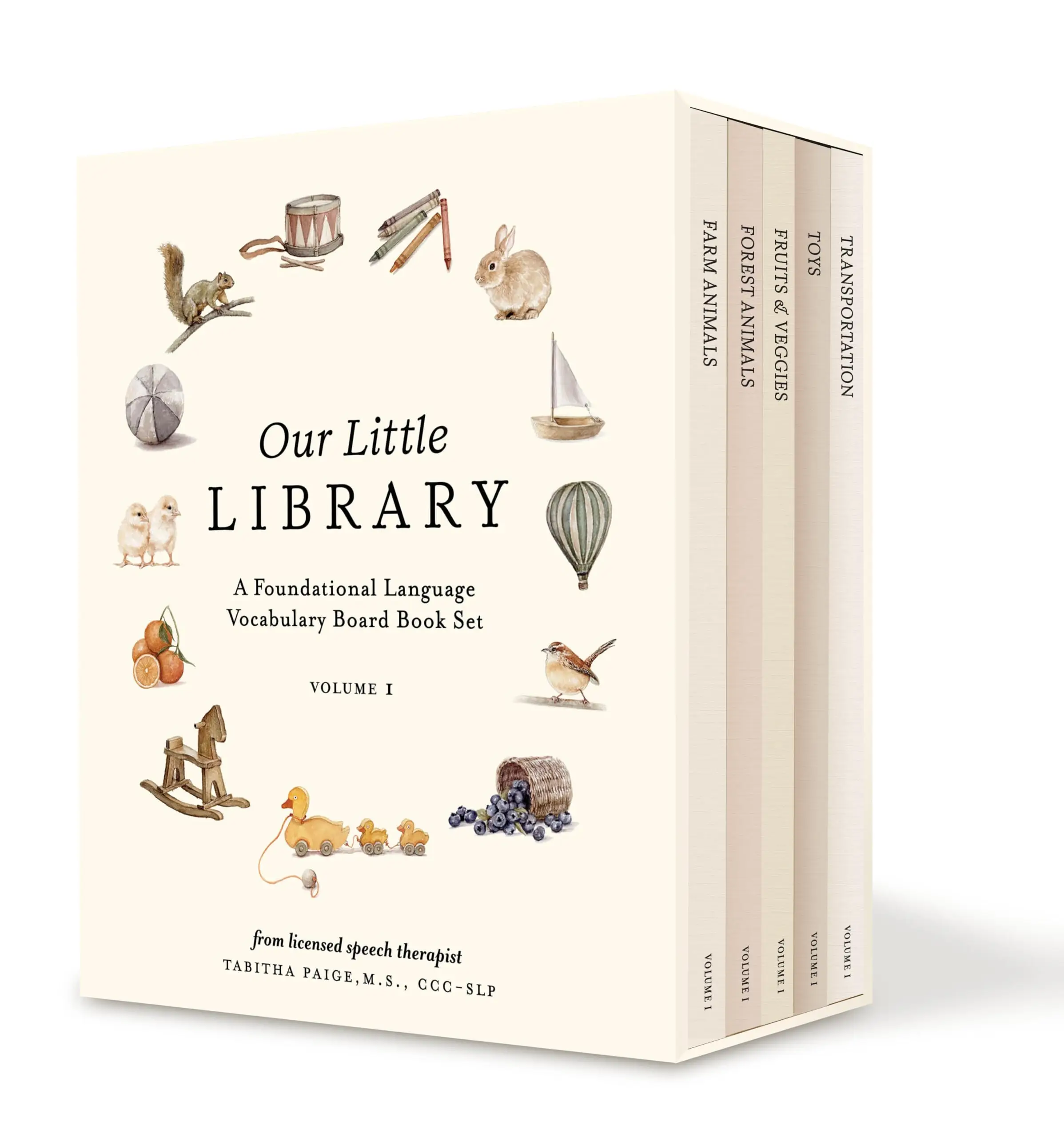 Our Little Library: A Foundational Language Vocabulary Board Book Set for Babies, Including Farm Animals, Forest Animals, Fruits and Veggies, Toys, an