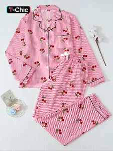 Women's Cherry Print Pajama Set, Long-Sleeve Comfortable Sleepwear & Loungewear with Casual Striped Pattern, All-Season Woven Fabric, Pjs