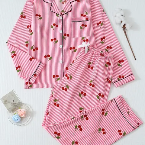 Women's Cherry Print Pajama Set, Long-Sleeve Comfortable Fitted Sleepwear & Loungewear with Casual Striped Pattern, All-Season Woven Fabric, Pjs, Fruit Print Pajama, Pajamas Sets