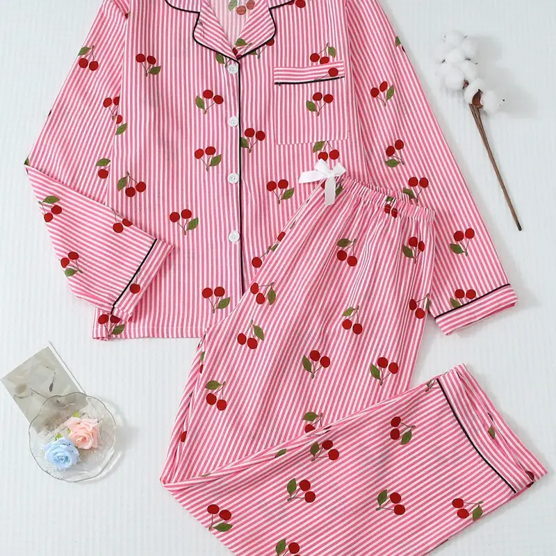 Women's Cherry Print Pajama Set, Long-Sleeve Comfortable Fitted Sleepwear & Loungewear with Casual Striped Pattern, All-Season Woven Fabric, Pjs, Fruit Print Pajama, Pajamas Sets