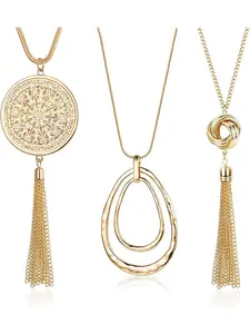 2-3Pcs Long Pendant Necklaces Woman Knot Disk Circle Tassel Sweater Necklaces Love Knot Necklace Set Gold/Silver