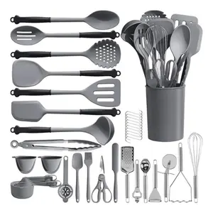 43PCS Silicone Kitchen Utensils Set with Holder, Cooking Tools Set Spatula Spoon Gadgets, Kitchen Utensil Set for Nonstick Cookware, Grey