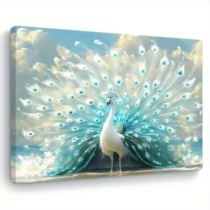 1 Piece Wooden Frame Canvas Painting - Magnificent Peacock Shows Bright Feathers, Art Decoration Style Ready-to-Hang Wall Art, Wrapped Frame, Size 29.97x 39.88cm , Suitable for Living Room, Bedroom, Kitchen, Gift for Him or Her, Peacock, Modern Home Decor