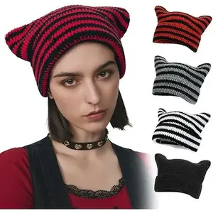 Unisex Little Devil Cat Ear Crochet Knit Hat 1pcs,Y2K Gothic Knitted Cat Ear Little Devil Hat,Soft Machine-Washable Acrylic Knit Hats,Crochet Ear Beanie Hat for Outdoor Casual Use