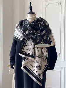 Elegant Thick Double-Sided Scarf with Floral and Bee Print, Stylish Autumn & Winter Shawl for Daily Wear, Warm Wrap for Air-Conditioned Rooms, Bee and Plant Print