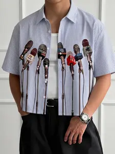 Men's Cropped Blue White Striped Shirt with Microphone Print Casual Streetwear Retro Style Oversized Short Sleeve Button Down Summer Tops for Daily Wear Urban Fashion Statement #springsaledeals2026 #summeroutfits #menshirts #streetwear