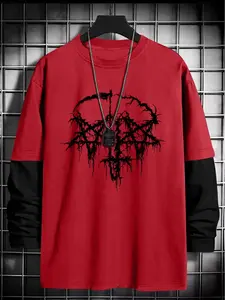 Gothic Geometric Print Loose Fit Knit Long Sleeve Round Neck Man T-Shirt, Fashion Streetwear Style Casual Top, Comfortable Trendy Gift for Fall Season