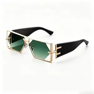 Hexagon Sunglasses - Gold Metal-Tone Retro Frames, Trendy Protective Shades for Square-Face Women, Men's Sunglasses, Hexagonal Women's Frames