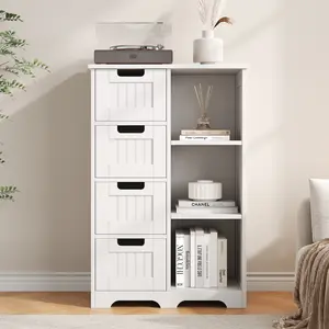 Wooden Bathroom Floor Cabinet, Side Storage Organizer with 4 Drawers, 1 Cupboard & 2-Shelves, White