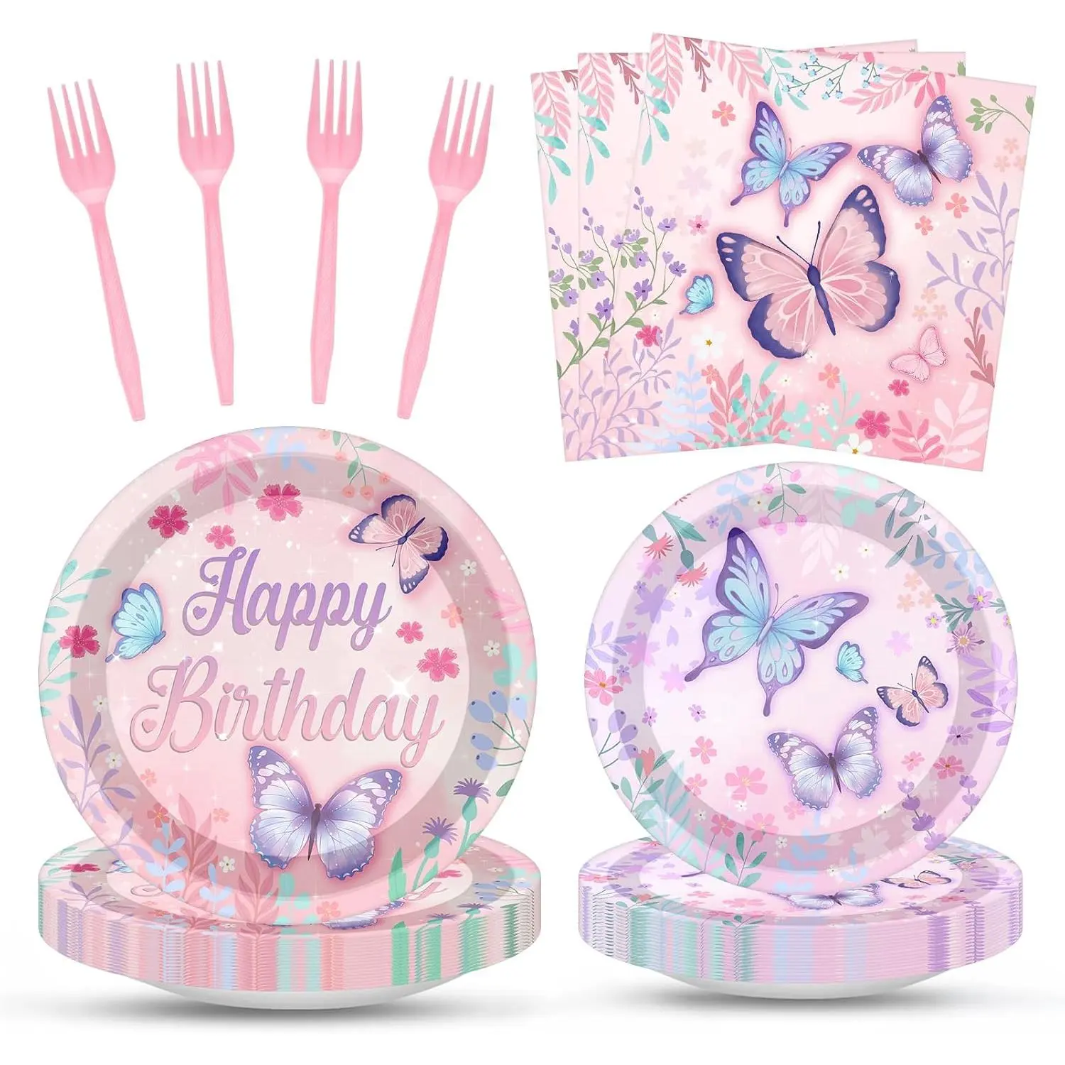 ArtSocket 96pcs Butterfly Party Decorations, Pink Purple Birthday Supplies Party Plates Napkins Disposable Tableware Paper For Adults Kids Baby Shower Serv