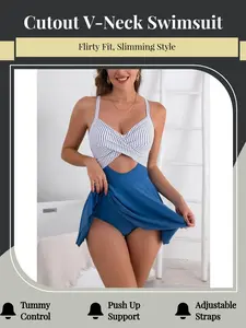 Women's Tummy Control Cutout 1-Piece Swimdress - V-Neck, Wrap Tie Back, High-Waist Bathing Suit for Summer Sports & Outdoor Activities, Tummy Control Swimsuits For Women