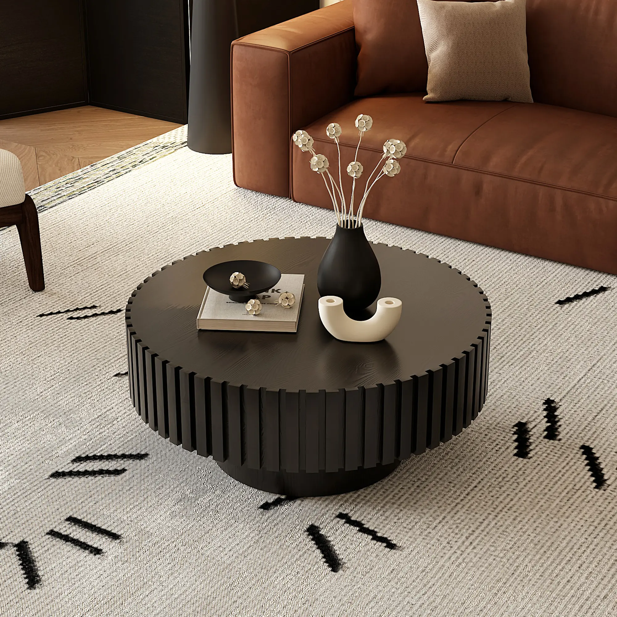 Round Coffee Table Handcrafted Mid-Century Modern Pedestal Side Table with Olive-Shaped Relief, Sturdy MDF Wood Accent Table for Small Living Room, Black style circle