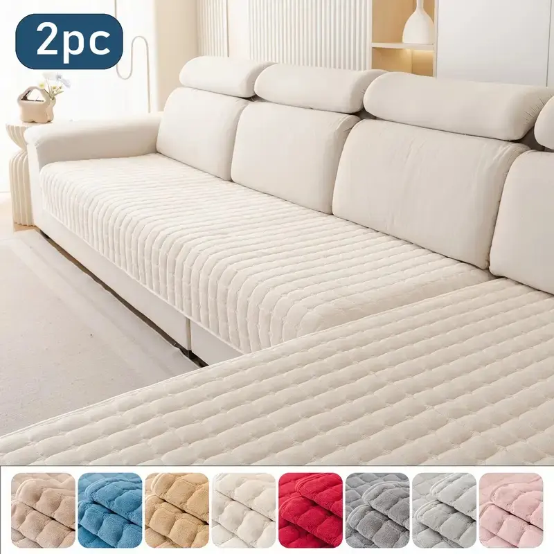 2 PCS Plush Quilted Sofa Cushion Cover Pads, Non-Slip Washable Reusable Couch Protector Set, Dustproof Couch Pad, Decorative Sofa Protector, Soft Velvet Sofa cover, Pet-Friendly Scratch Resistant Slipcover for Armchair/Loveseat, Modern Home Decor
