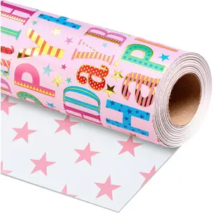 Birthday Wrapping Paper Roll - Colorful Happy Birthday Letters with Metallic Foil Shine & Stars Reversible  Wrap for Girls  Shower, Party - Mini Roll - 17 Inch x 16.5