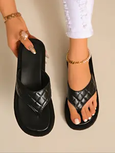 New Large Size Thick Sole Slippers, One-Row Slip-On Plaid Casual Summer Thong Sandals for Women, Comfortable Open Toe Outdoor Wear