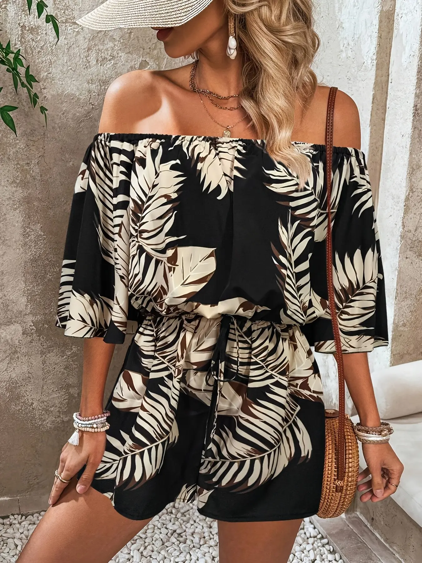 Women's Spring Summer New Elegant One Shoulder Design Fashion Print Drawstring Casual Jumpsuit, Belted Wrap Jumpsuit, Tie Waist Romper, Stylish and Comfortable One-Piece