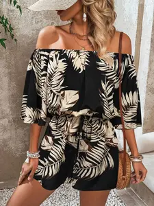 Women's Spring Summer New Elegant One Shoulder Design Fashion Print Drawstring Casual Jumpsuit, Belted Wrap Jumpsuit, Tie Waist Romper, Stylish and Comfortable One-Piece