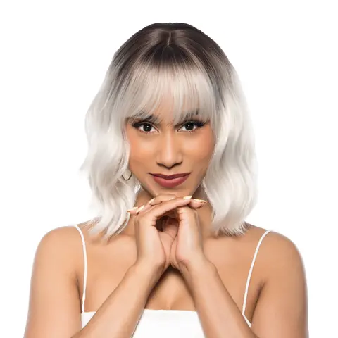 Lady Grayy 14-Inch Unisex Platinum Ash Blonde Ombre Color Wig - Dark Roots, Shaggy Wave, Synthetic Full Machine Wig, Heat-Safe Fibers, Comfortable Cap, Pre-Styled, Customizable, #41FSGA, Ombre Roots Add Depth/Dimension
