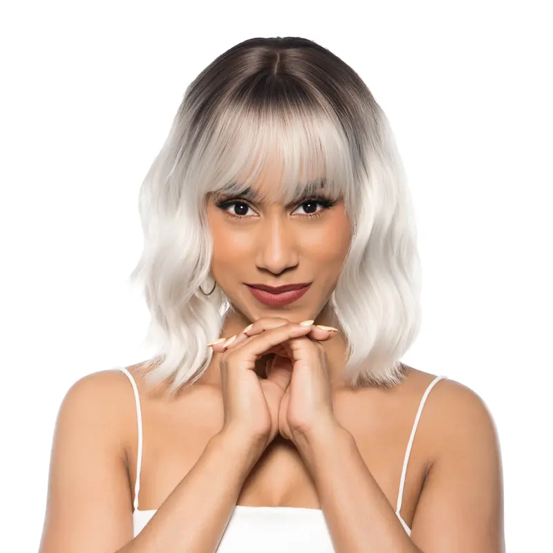 14-Inch Platinum Ash Blonde Ombré (Dark Roots) Shaggy Wave Synthetic Wig | 【Heat Resistant】 【Cap Included】 | #41FSGA