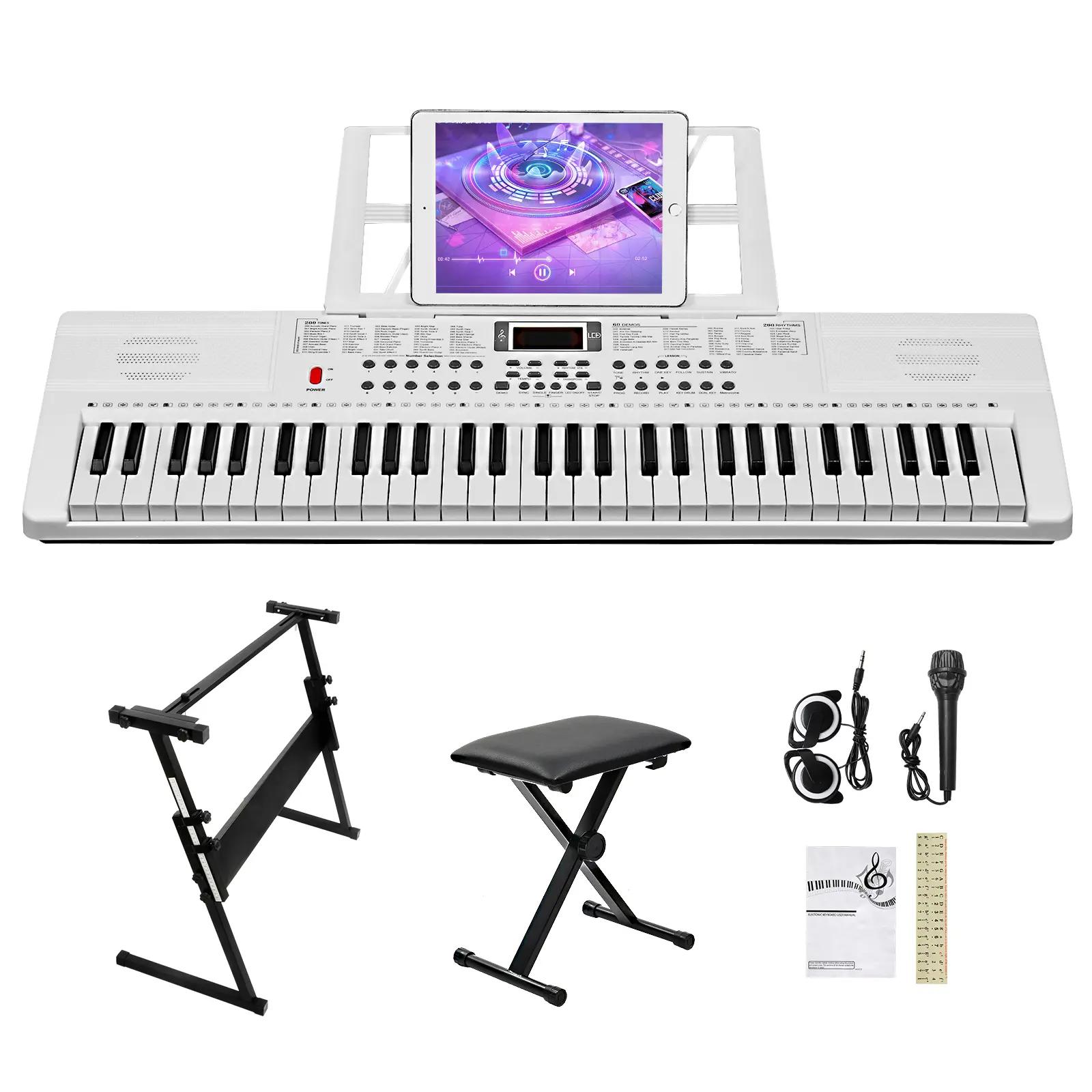61-Key Lighting Piano Keyboard for Beginners, with Piano Stand, Bench, Built-In Speakers, Headphone, Microphone, Music Rest, LED Screen & 3 Teaching Modes