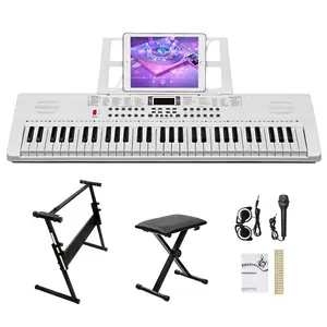 GEP-110 61-Key Lighting Keyboard with Piano Stand Bench Built-In Speakers Headphone Microphone Music Rest LED Screen 3 Teaching Modes for Beginners