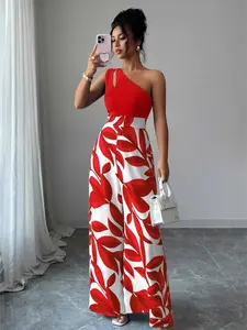 Women's One Shoulder Asymmetrical Waist Cinching Slimming Jumpsuit, Stylish Elegant Casual Wear, Perfect for Daily