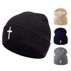 Funky Cross Embroidered Knit Beanie - Unisex Warm & Stylish for Fall/Winter Outdoor Activities Acrylic Skull Cap